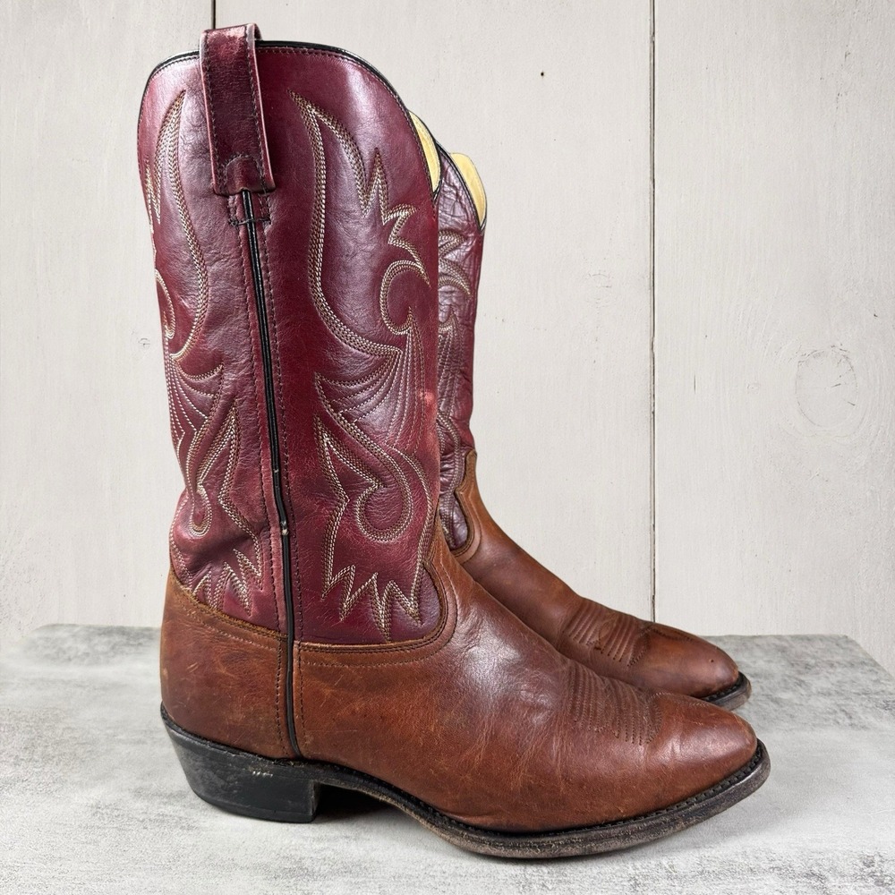 Vintage USA Made Burgundy/Brown Leather Cowboy Boots Men’s 10.5 EE Wide Western